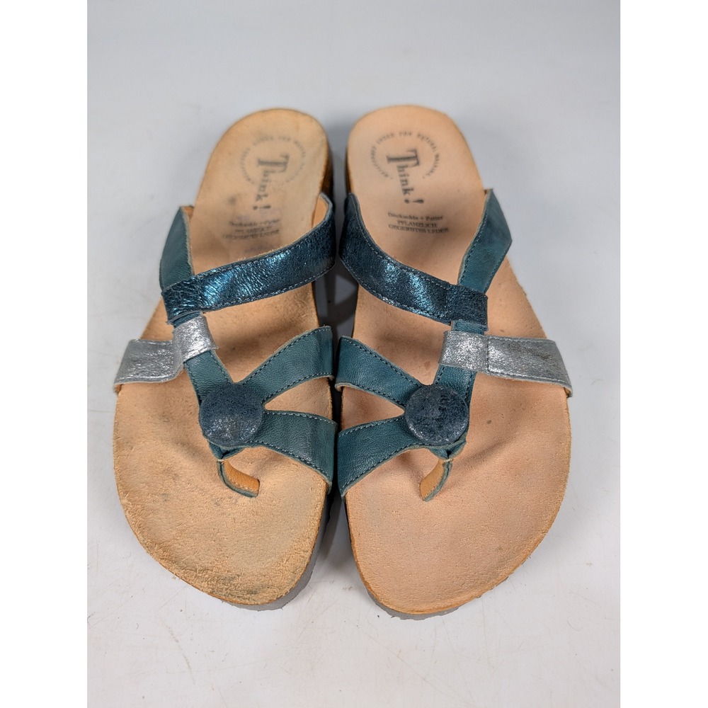 Think! Mizzi Metallic Blue Silver Leather Thong Sandals Shoes 39 99334-79